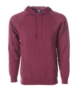 A unisex maroon pullover hoodie with a front pocket and an attached hood. It features a logo on the label.