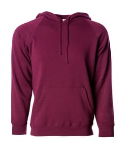 A maroon unisex pullover hoodie with a front pocket and a hood, featuring a logo on the chest.