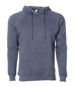 A grey unisex pullover in a soft fabric with a hood and front pocket, featuring a logo.