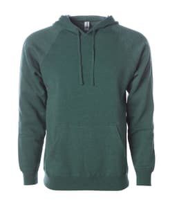 A unisex pullover hoodie in dark green with a front pocket and a hood, featuring a logo.