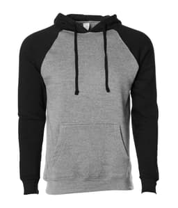 A unisex pullover with a grey body and black raglan sleeves, featuring a front pocket and a hood.
