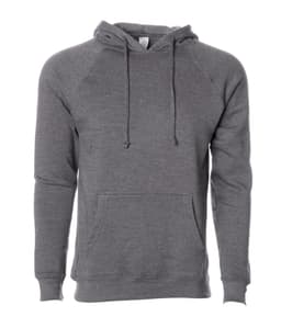 A grey unisex pullover hoodie featuring a kangaroo pocket and a drawstring hood, with a logo on the label.