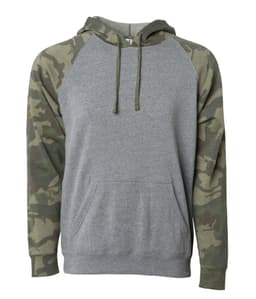 A unisex pullover in grey with camo-patterned sleeves and a front pocket, featuring a hood and drawstrings.
