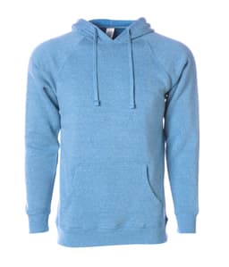 A blue unisex pullover hoodie featuring a front pocket and a drawstring hood. It has a logo on the label.