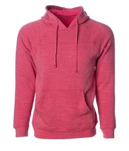 A unisex red pullover hoodie with a kangaroo pocket and a drawstring hood. Features a logo on the front.