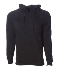 A unisex black pullover hoodie with a front pocket and drawstring hood. It features a logo on the front.