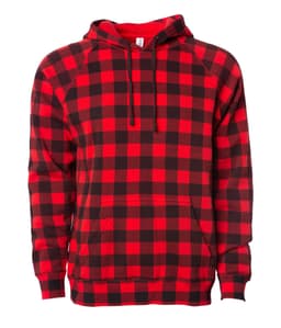 A unisex pullover in a red and black checkered pattern, featuring a hood and kangaroo pocket.