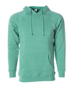 A unisex special blend pullover hoodie in a vibrant green colour, featuring a drawstring hood and a logo.