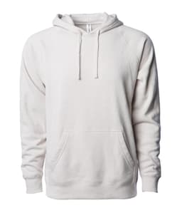 A unisex pullover hoodie in a light cream colour, featuring a front pouch pocket and a drawstring hood.