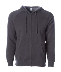 A grey unisex zip-up hooded sweatshirt with a front zipper and pockets, featuring a logo on the chest.