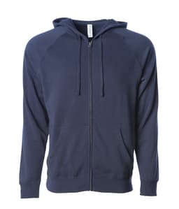 A navy unisex zip-up hoodie featuring a hood and front pockets, with a branding logo.