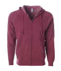 A maroon unisex zip hoodie featuring a front zipper and an adjustable hood, with a kangaroo pocket and a logo.