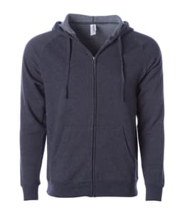 A unisex zip hood in a navy blue shade with a front zipper and two pockets. It features a hood and has a logo.