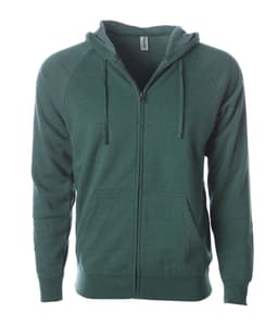 A green unisex zip hoodie with a front pocket and a hood. It has a logo on the label inside.