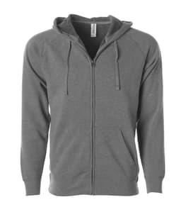 A grey unisex zip-up hoodie featuring a hood and front pockets, with a logo on the label.