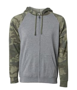 A grey zip hood with camouflage sleeves, featuring a kangaroo pocket and drawstring hood. It has a logo on the front.