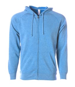 A blue unisex zip hooded sweatshirt with a front zipper and drawstring hood, featuring a logo on the label.