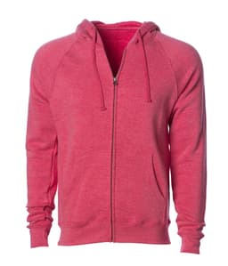 A red unisex zip-up hoodie with a front zip and drawstring hood, featuring raglan sleeves and a logo.