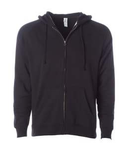 A black unisex zip hoodie featuring a front zipper, kangaroo pockets, and a drawstring hood.