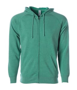 A green unisex zip hoodie with a kangaroo pocket and a hood, featuring a logo on the chest area.
