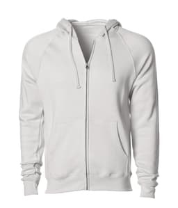 A unisex zip-up hooded sweatshirt in a light grey colour, featuring a front zip and pockets. It has a logo on it.