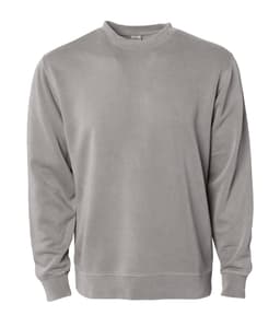 A unisex crew sweatshirt in a light grey colour with long sleeves and a round neckline. It has a logo on the front.