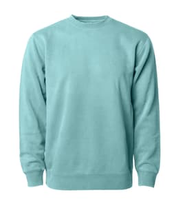 A unisex pigment dye crew in a light teal colour, featuring long sleeves and a round neckline. It has a logo.