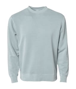 A unisex crew sweatshirt in a light blue hue with long sleeves and a round neckline. It features a logo.