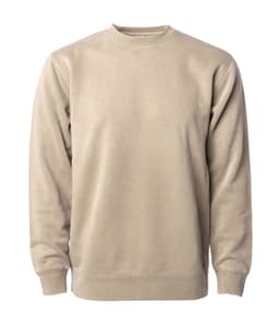 A unisex crew fleece in a light beige pigment dye colour, featuring long sleeves and a round neck. It has a logo.