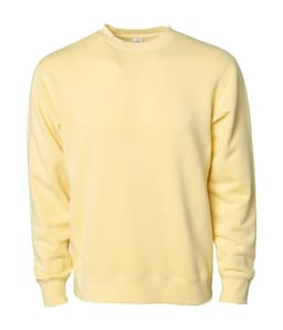 A unisex crew sweatshirt in a soft yellow hue. It features long sleeves and a round neckline, with a logo.
