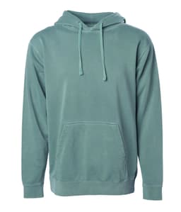 A unisex pigment dye pullover in a muted green colour with a front pocket and a hood. It features a logo.
