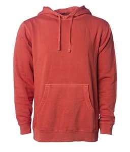 A unisex pigment dye pullover hoodie in a vibrant red colour, featuring a front pocket and a drawstring hood.