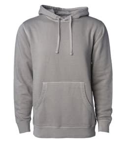 A unisex pigment dye pullover in a soft grey hue, featuring a hood and front pocket. It has branding on the label.