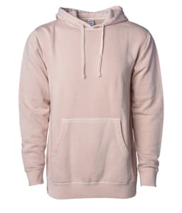 A unisex pullover hoodie in a soft pink hue with a front pocket and drawstring hood. It features a logo.