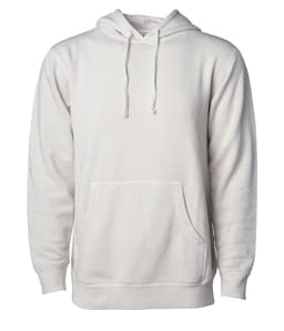 A unisex pullover hoodie in a light cream colour with a front pocket and drawstring hood, featuring a logo.
