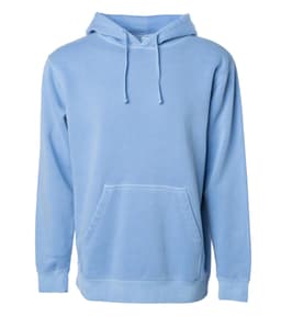 A unisex pullover hoodie in light blue with a front pocket and a hood. It features a logo.