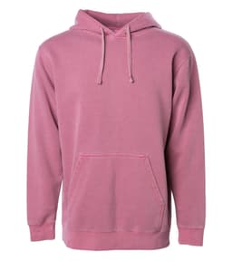 A unisex pullover hoodie in a soft pink hue, featuring a front pocket and a drawstring hood.