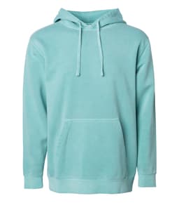 A unisex pullover hoodie in a soft mint green shade with a front pocket and a drawstring hood. It features a logo.