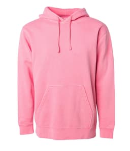 A unisex pullover in vibrant pink, featuring a hood and front pocket. Includes a logo.