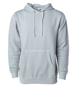 A light grey unisex pigment dye pullover hoodie with a front pocket and drawstring hood. Features a logo.