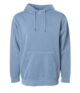 A unisex pullover hoodie in a soft blue pigment dye, featuring a front pocket and a hood. It has a logo.