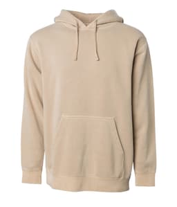 A unisex pullover hoodie in a soft beige colour, featuring a front pocket and a drawstring hood.
