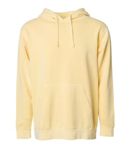 A unisex pullover hoodie in a soft yellow hue, featuring a front pocket and a hood. It has a logo on it.