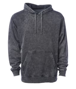 A unisex mineral wash pullover hood in a dark grey colour with a front pocket and hood design.