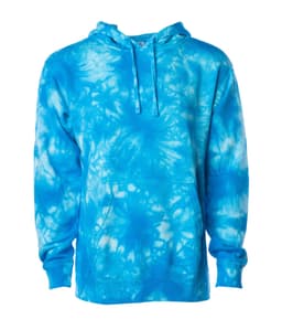A unisex pullover hoodie in vibrant blue tie-dye pattern with a front pocket and a hood. Features a logo.