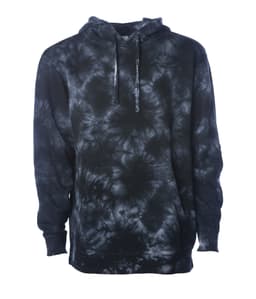 A unisex tie-dye pullover hood in black and grey with a circular pattern and a front pocket. It has a logo.
