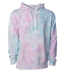 A unisex tie-dye pullover hood in pastel pink and blue, featuring a front pocket and a hood with drawstrings.