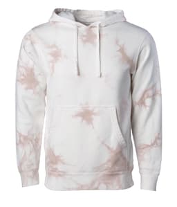 A unisex pullover hood in a tie-dye pattern featuring white and blush pink colours, with a front pocket and a logo.