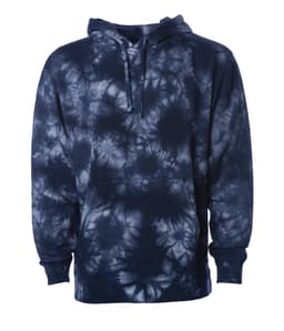 A unisex pullover hoodie featuring a navy blue tie-dye pattern, complete with a front pocket and hood.
