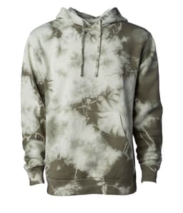 A unisex tie-dye pullover hood in cream and olive green, featuring a front pocket and a hood with drawstrings.